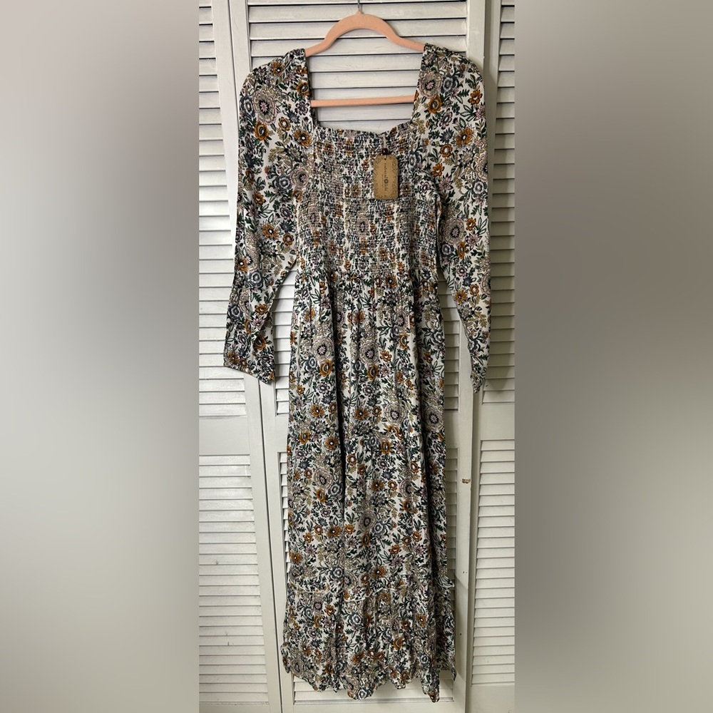 Natural Life Floral Smocked Midi Dress - White with Mustard & Green Size M